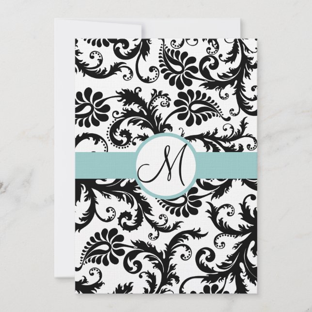 Black Damask Swirls  Aqua Trim Wedding Invitation (Front)