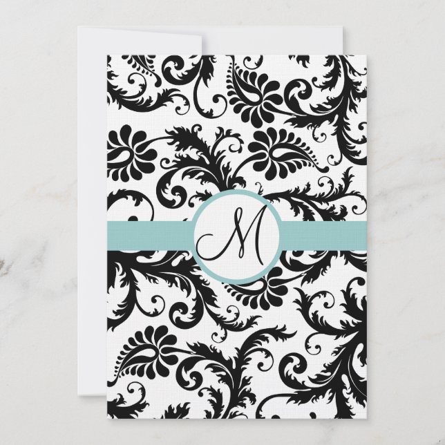 Black Damask Swirls  Aqua Trim Wedding Invitation (Front)