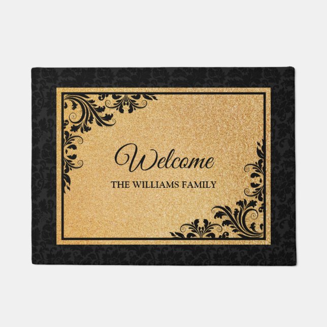 Black Damask & Swirls Door Mat (Front)