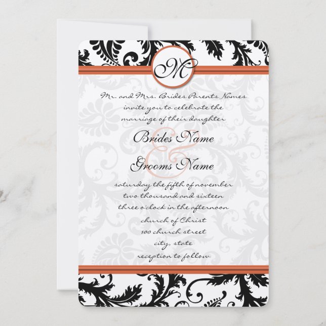 Black Damask Swirls on White Burnt Orange Trim Invitation (Back)