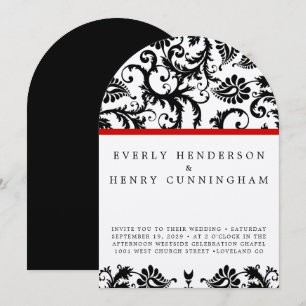 Black Damask Swirls on White with Red Trim Invitation