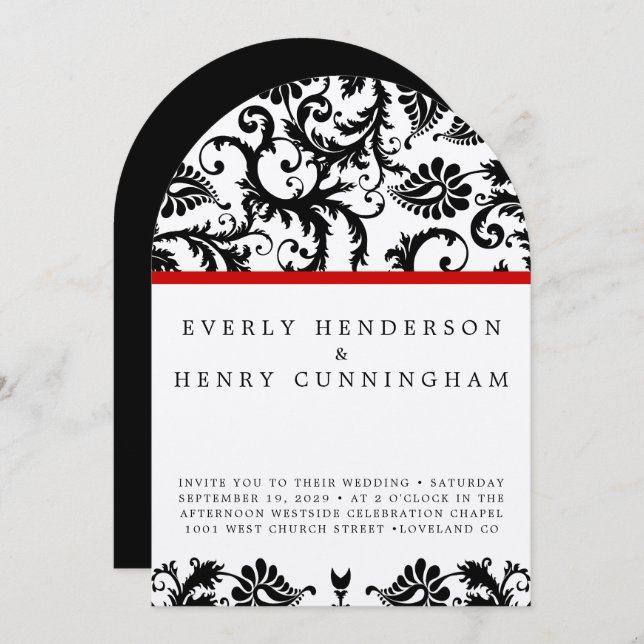 Black Damask Swirls on White with Red Trim Invitation (Front/Back)