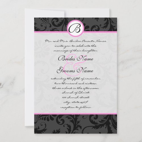 Black Damask Swirls Pink Trim Wedding Invitations