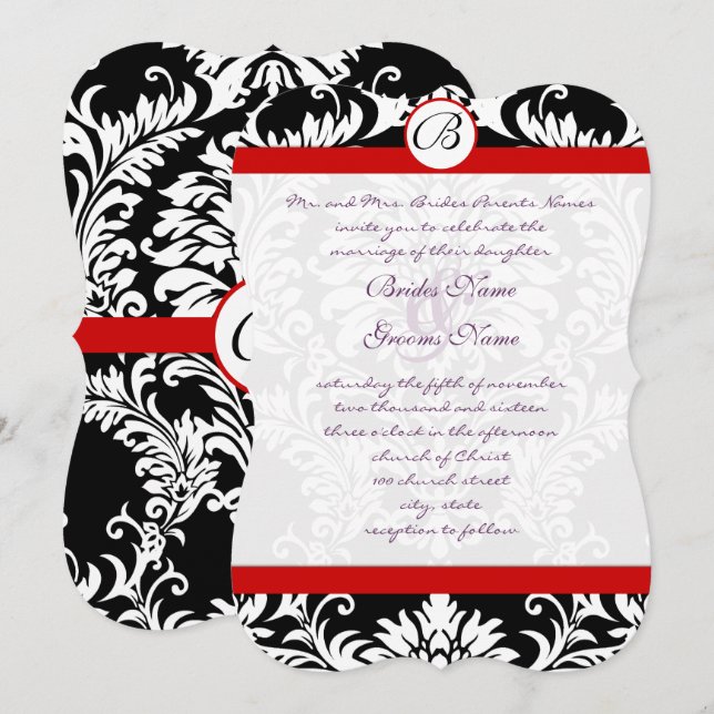 Black Damask Swirls Red Trim Purple Font Wedding Invitation (Front/Back)