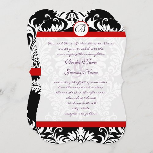 Black Damask Swirls Red Trim Purple Font Wedding Invitation