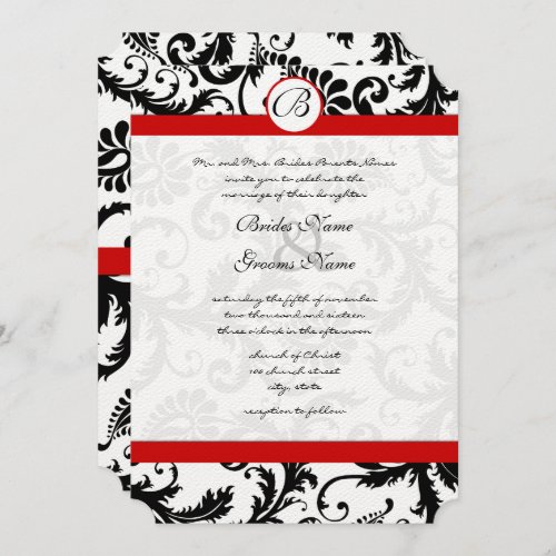 Black Damask Swirls Red Trim Wedding Invitation