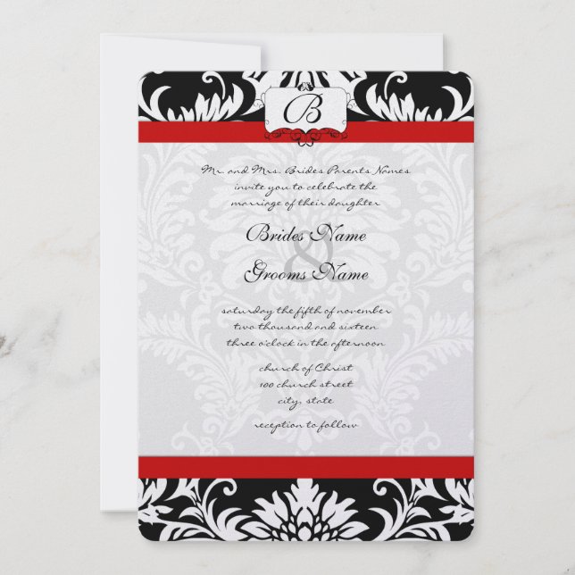 Black Damask Swirls Red Trim Wedding Invitation (Front)