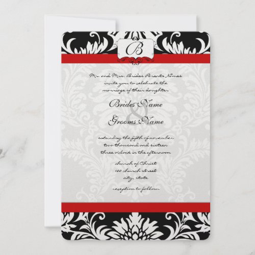 Black Damask Swirls Red Trim Wedding Invitation