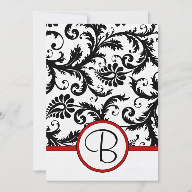 Black Damask Swirls Red Trim Wedding Invitations (Front)