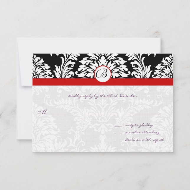 Black Damask Swirls Red Trim Wedding RSVP Card (Front)