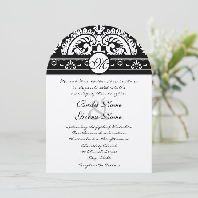 Black Damask Swirls Square Wedding Invitation (Standing Front)