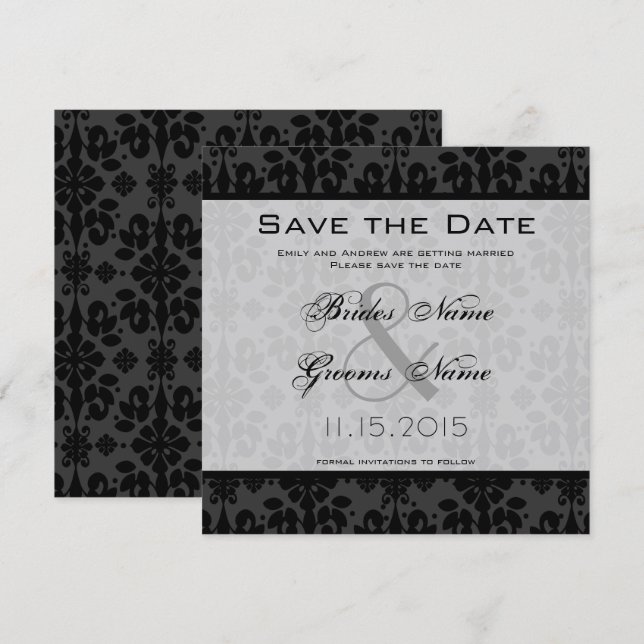 Black Damask Swirls Wedding Save the Date Invitation (Front/Back)