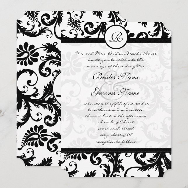 Black Damask Swirls with Dots Wedding Invitation (Front/Back)