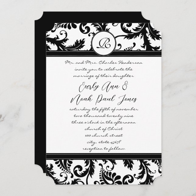 Black Damask Swirls with Dots Wedding Invitation (Front/Back)