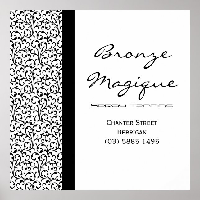 Black Damask Tanning Salon Business Poster (Front)