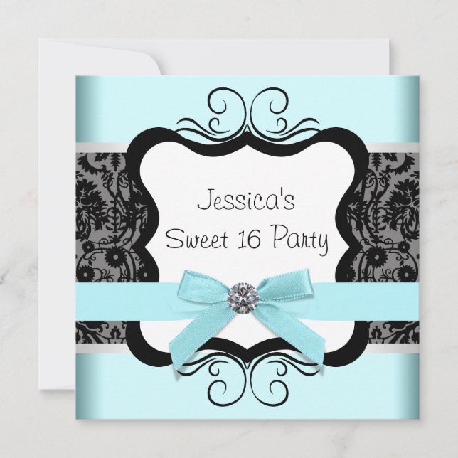 Black Damask Teal Black Sweet 16 Birthday Party Invitation (Front)