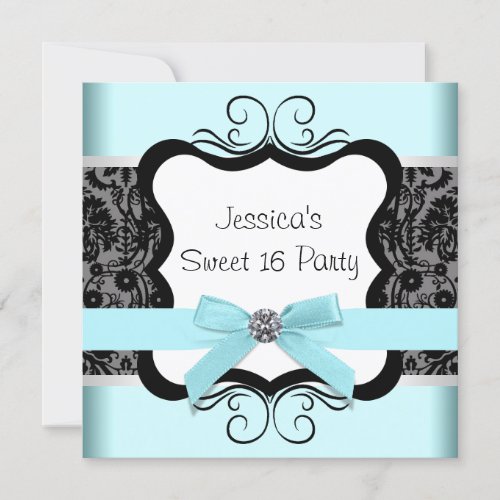 Black Damask Teal Black Sweet 16 Birthday Party Announcement