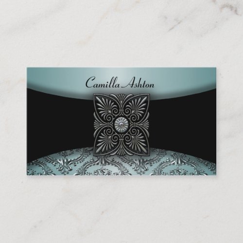 Black Damask Teal Blue Business Cards