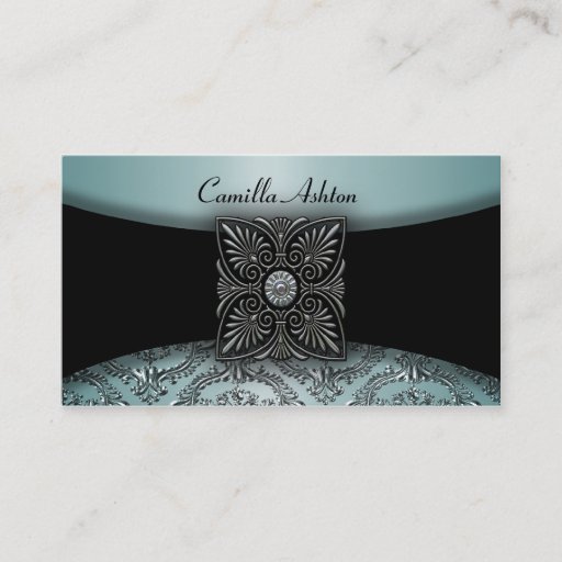 Customizable Black Damask Teal Blue Business Cards