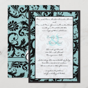 Black Damask Teal Blue Wedding Invitation