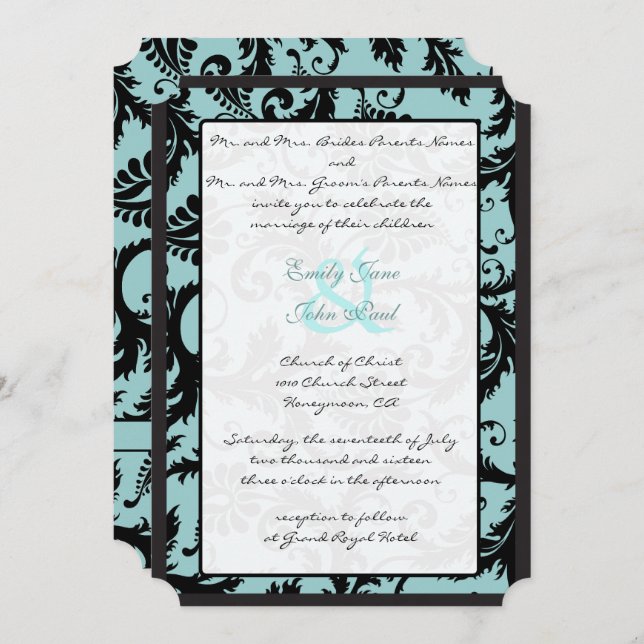 Black Damask Teal Blue Wedding Invitation (Front/Back)