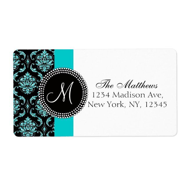 Black Damask Teal Glitter Printed Monogram Label (Front)