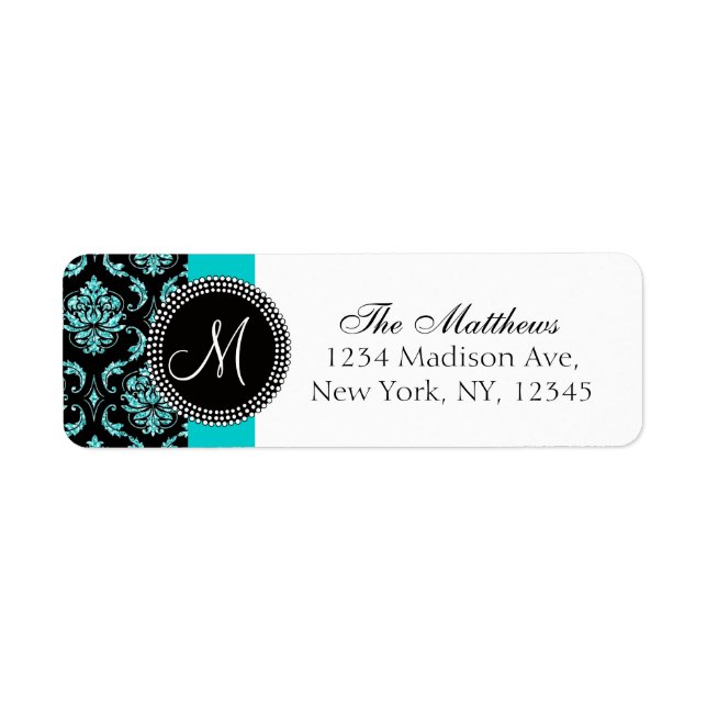 Black Damask Teal Glitter Printed Monogram Label (Front)