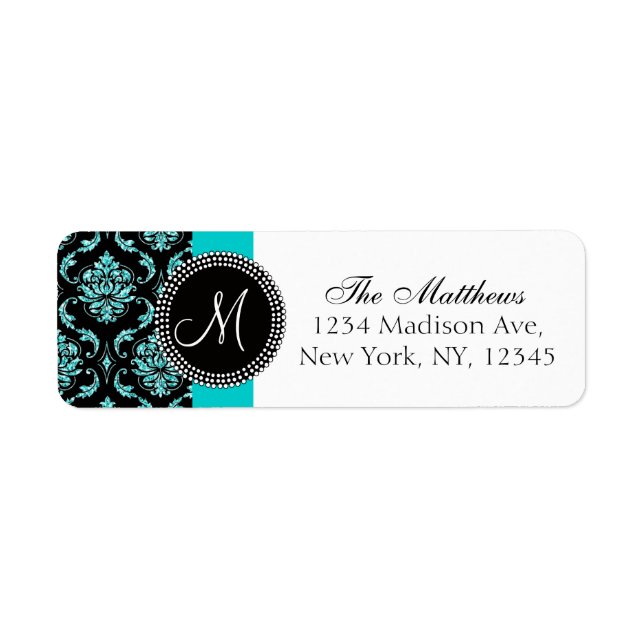 Black Damask Teal Glitter Printed Monogram Label (Front)