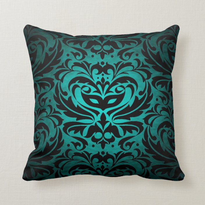 Black Damask Teal Scroll Reversible Pillow