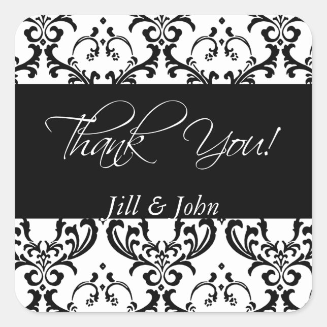 Black Damask Thank You Wedding Favour Stickers (Front)