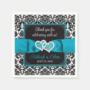 Black Damask, Turquoise Love Hearts Wedding Napkins