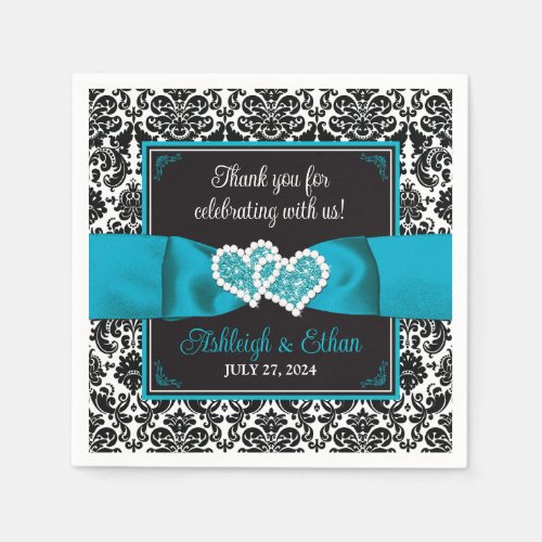 Black Damask Turquoise Love Hearts Wedding Napkins