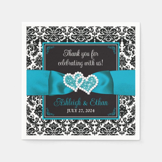 Black Damask, Turquoise Love Hearts Wedding Napkins (Front)