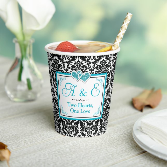 Black Damask, Turquoise Two Hearts, One Love Paper Cups (Insitu)
