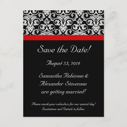 Black Damask wRed Accent Save the Date Announcement Postcard