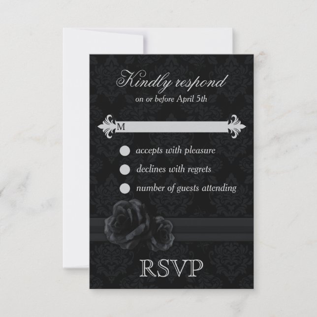Black damask weddig RSVP cards Black RSVP (Front)