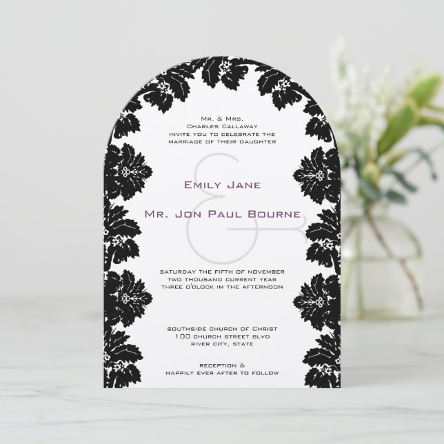 Black Damask Wedding Invitations (Standing Front)