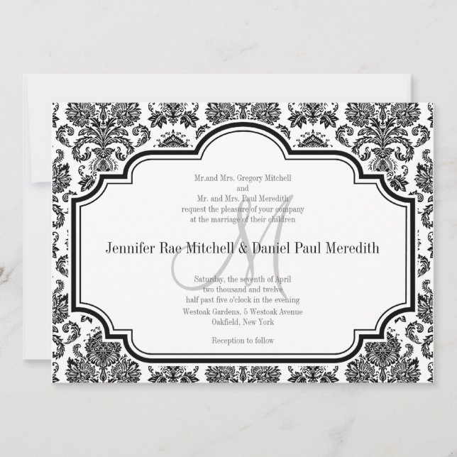 Black Damask Wedding Invitations Monogram M (Front)