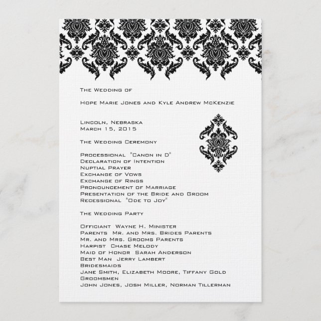 Black Damask  Wedding Program (Front)