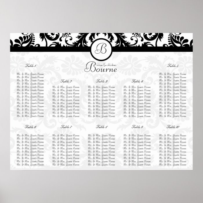 Black Damask Wedding Seating Chart Table Number Poster