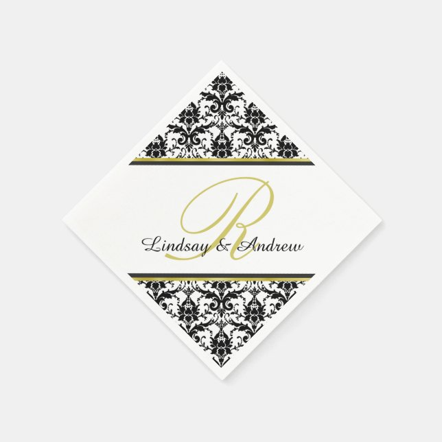 Black Damask White Gold Monogram Wedding Paper Napkins (Corner)