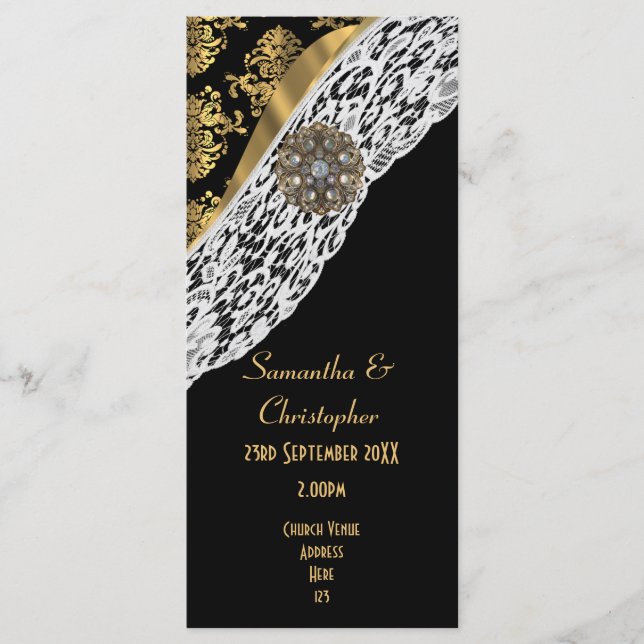 Black damask white lace church wedding program (Front)