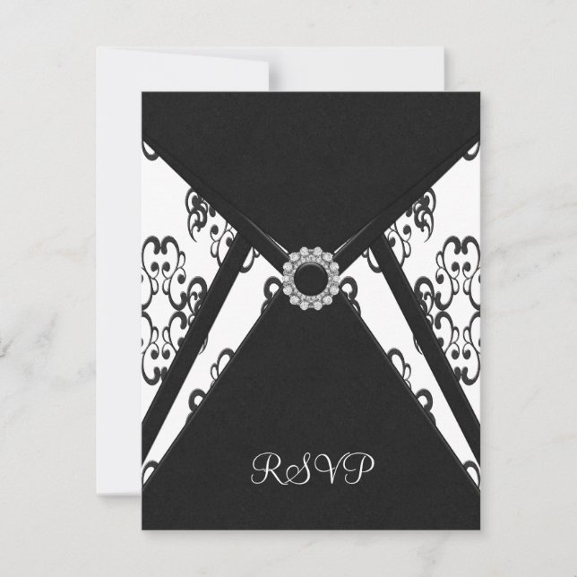 Black Damask White RSVP Card (Front)