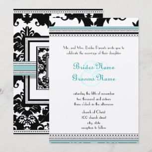 Black Damask with Aqua Trim Wedding Invitation