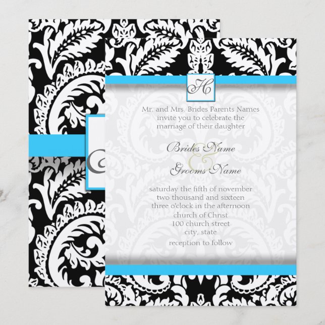 Black Damask with Bright Aqua Wedding Invitations (Front/Back)
