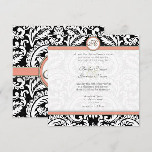 Black Damask with Coral & Gray Wedding Invitations