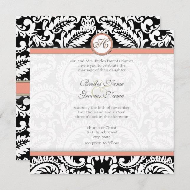 Black Damask with Coral & Gray Wedding Invitations (Front/Back)