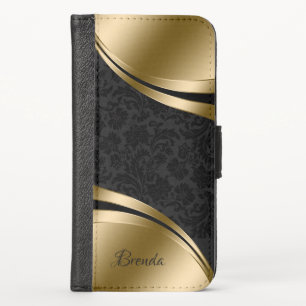 Black damask with gold geometric accent iPhone XS wallet case