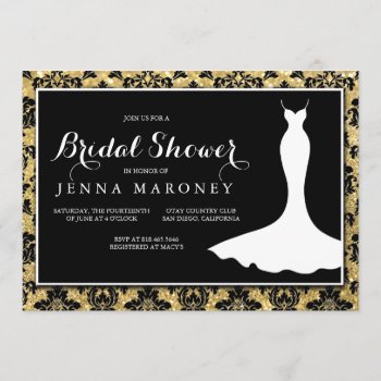 Black Damask With Gold Glitter Bridal Shower Invitation by GreenLeafDesigns at Zazzle