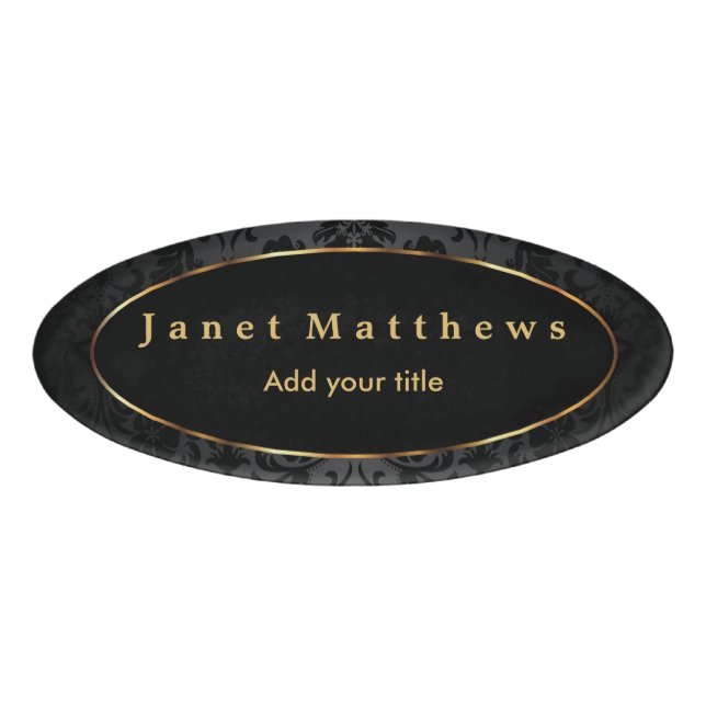 Black Damask with Gold Trim Design Name Tag (Front)